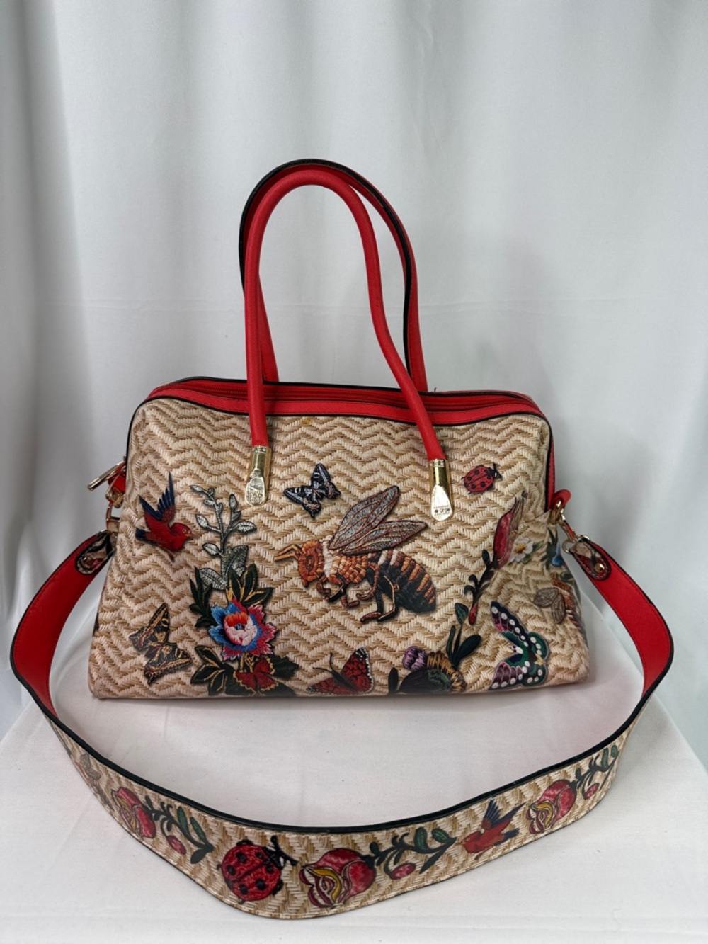 Embroidered Bee & Floral Straw Tote with Red Handles